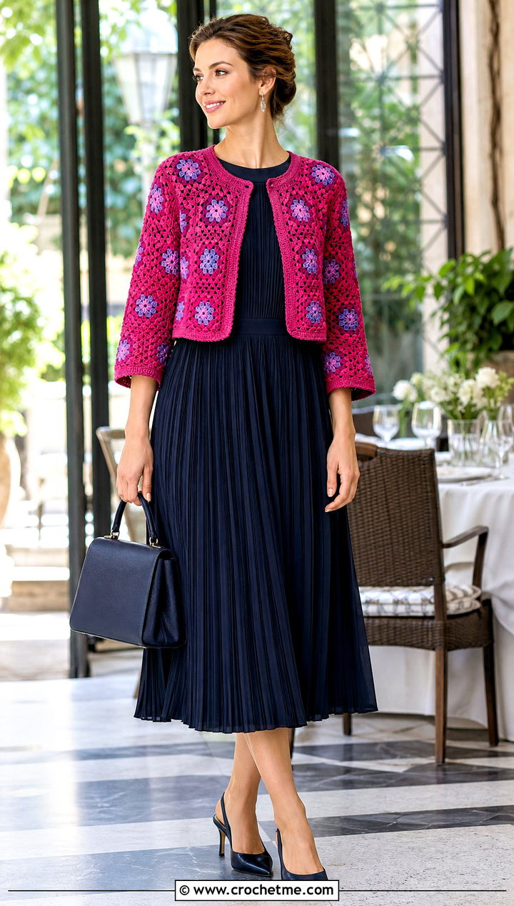 Fine Gauge Granny Square Bolero With Pleated Midi Dress - 35 granny square bolero outfit ideas