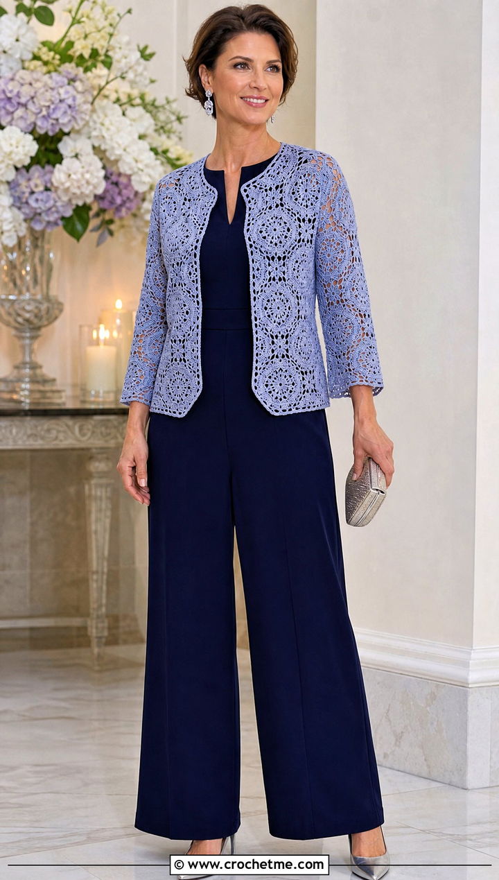Fine Gauge Lace Octagon Crochet Cardigan With Tailored Jumpsuit - 25 Octagon Crochet Cardigan outfit ideas