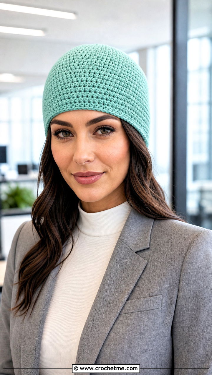 Fine Gauge Magic Circle Crochet Beanie With Office Suit - 25 Crochet Beanie Magic Circle outfit ideas