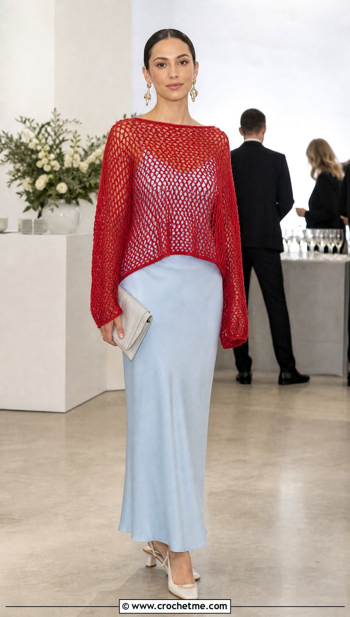 Fine Gauge Mesh Pullover Over A Column Dress - 20 Crochet Mesh Pullover outfit ideas