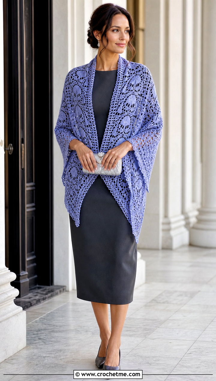 Fine Lace Crochet Skull Shawl With a Column Dress - 35 crochet skull shawl outfit ideas