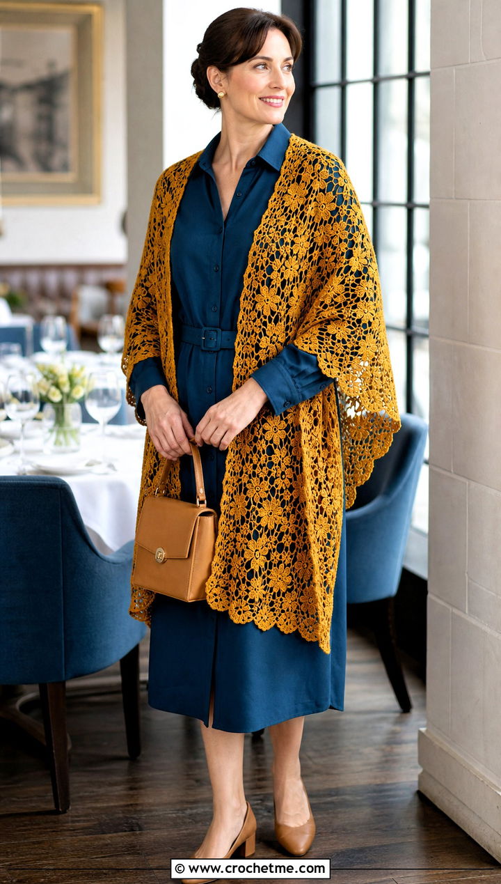 Fine Motif Irish Crochet Shawl With Belted Dress - 20 Irish Crochet Shawl outfit ideas