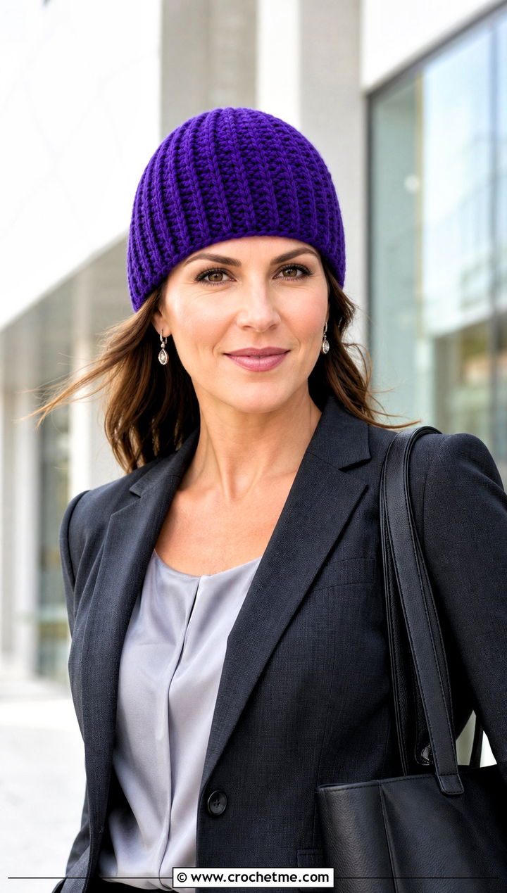Fine Rib Crochet Beanie With Office Suit - 30 knit look crochet beanie outfit ideas