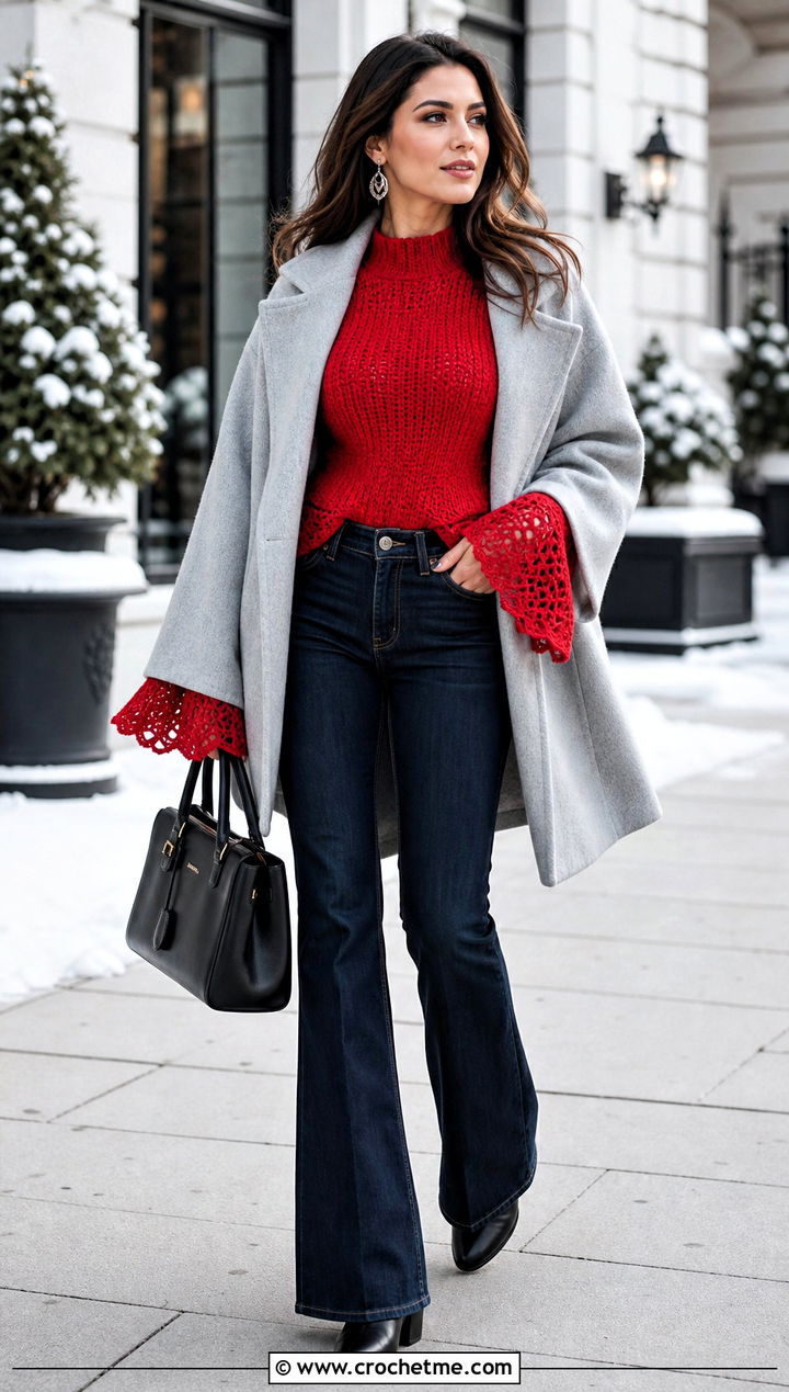 Fine Stitch Crochet Bell Sleeve Top With Wool Coat And Jeans - 30 crochet top with bell sleeves outfit ideas