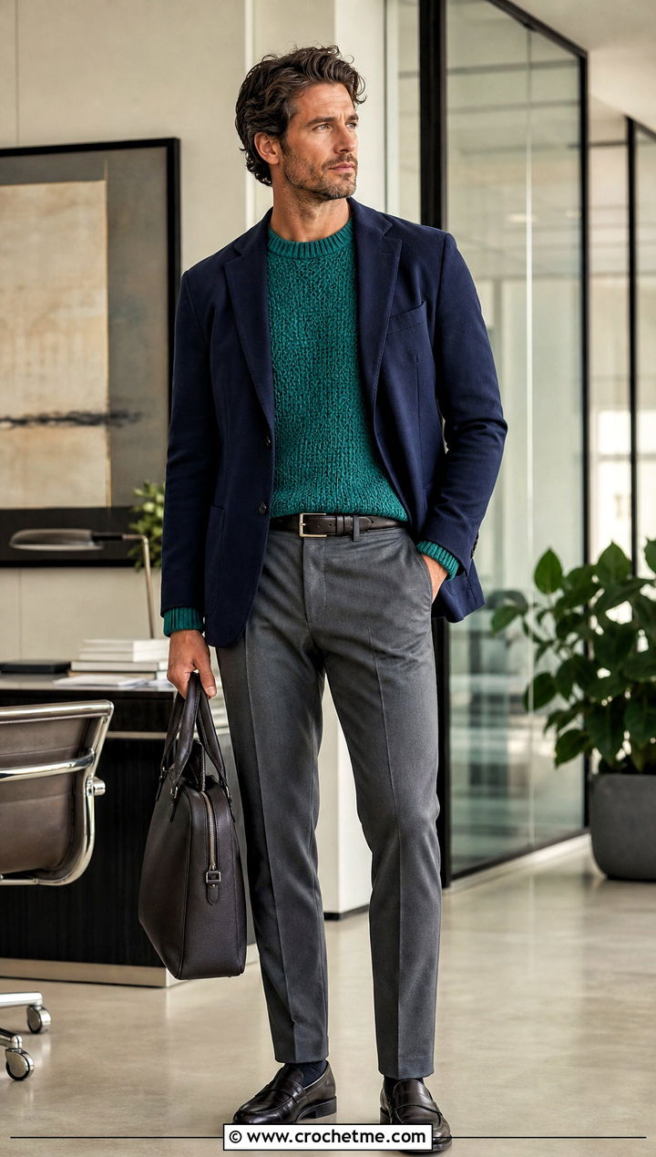 Fine Stitch Crochet Sweater With Blazer - 35 crochet man sweaters outfit ideas