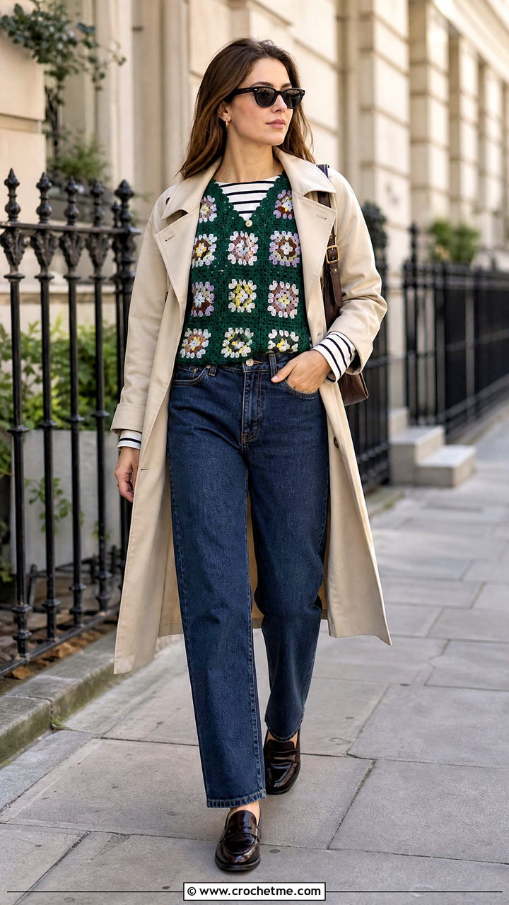 Fine Stitch Granny Square Sweater Vest With Trench Coat - 35 granny square sweater vest outfit ideas