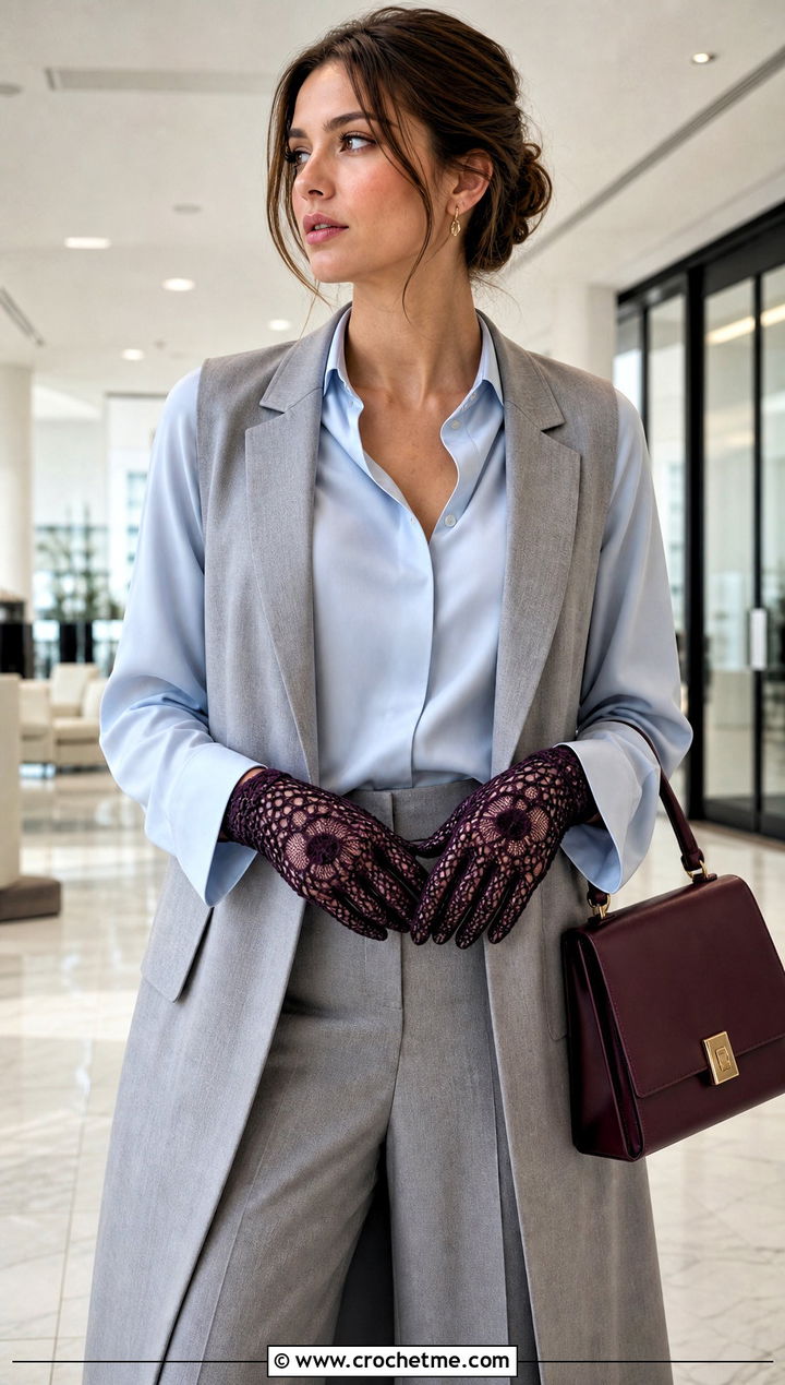 Fine Thread Crochet Skull Gloves With Wide Leg Trousers - 15 Crochet Skull Gloves outfit ideas