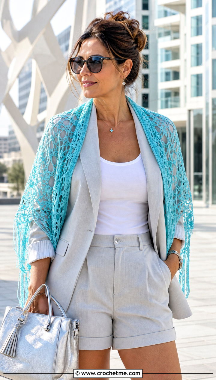 Fine Thread Virus Shawl With Blazer And Shorts - 35 crochet virus shawl outfit ideas