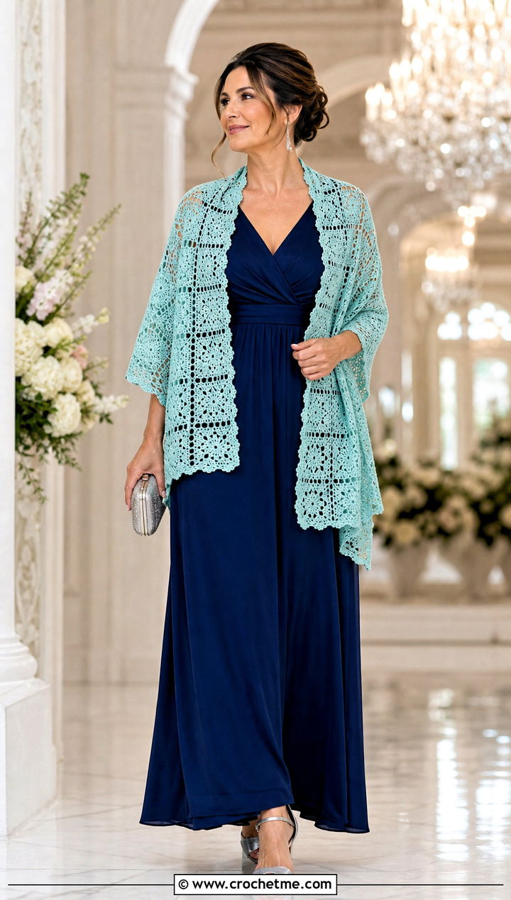 Fine Yarn Granny Square Shawl With Formal Maxi Dress - 35 granny square shawl outfit ideas