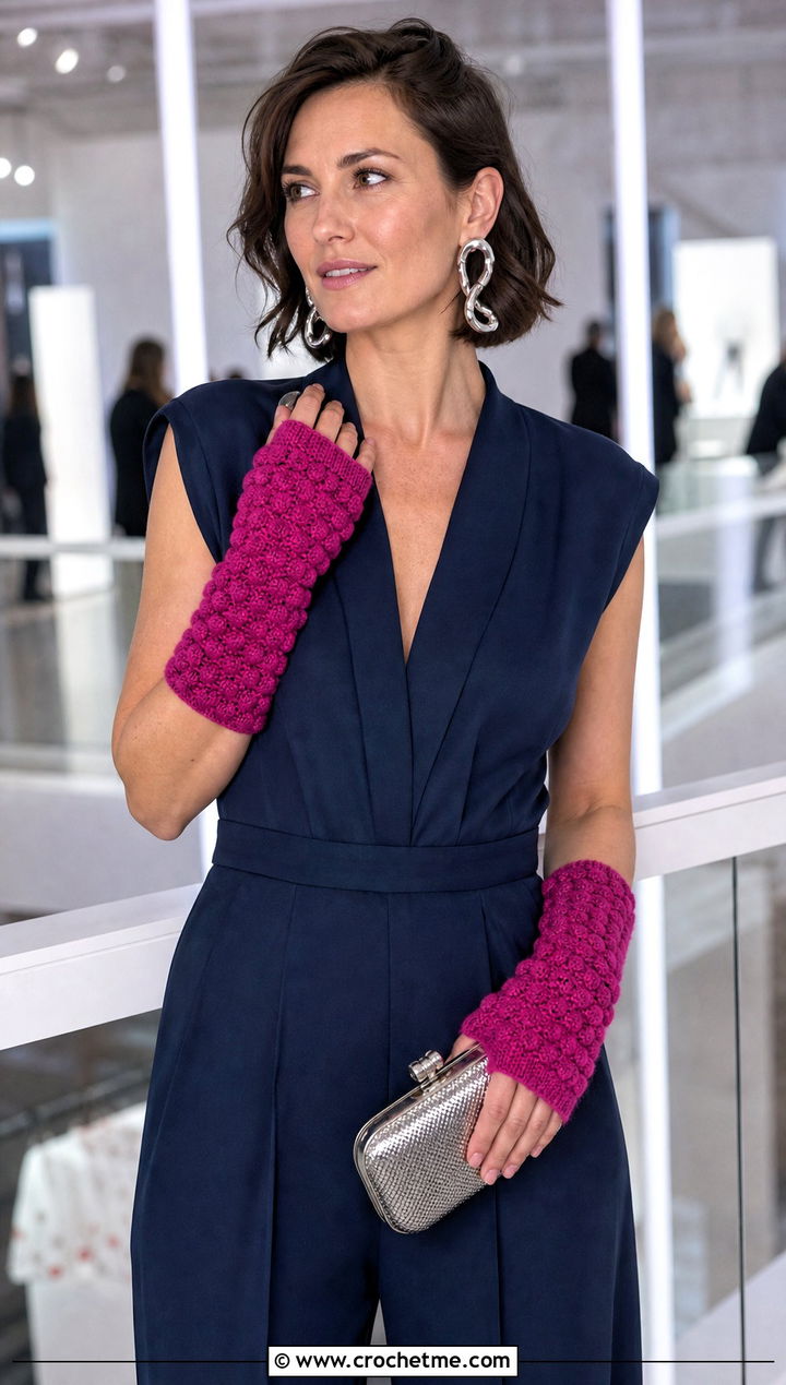 Fine Yarn Puff Stitch Fingerless Gloves With Evening Jumpsuit - 15 Crochet Puff Stitch Fingerless Gloves outfit ideas