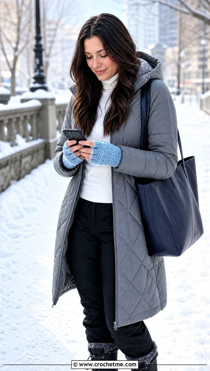 Finger Cover Crochet Texting Gloves With Quilted Coat - 15 Crochet Texting Gloves outfit ideas