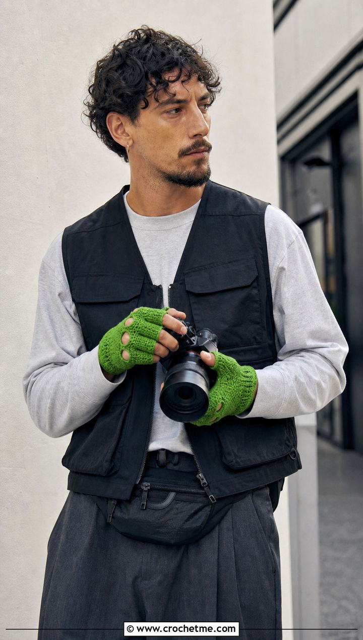 Finger Hole Crochet Gloves With Utility Vest - 25 Crochet Mens Fingerless Gloves outfit ideas