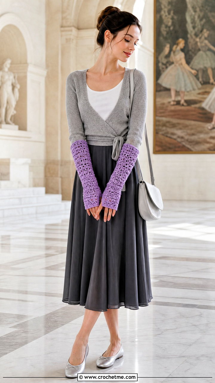 Finger Loop Crochet Hand Warmers With Ballet Outfit - 35 crochet hand warmers outfit ideas