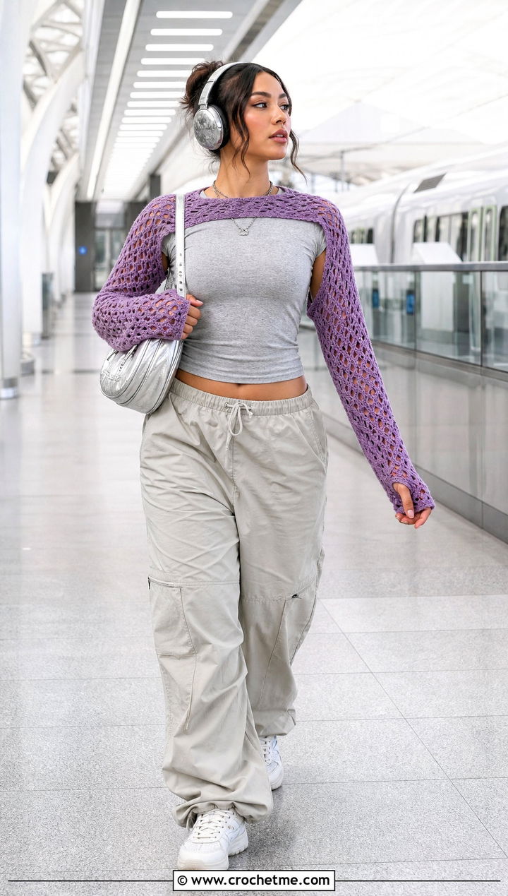 Finger Loop Crochet Long Sleeve Shrug With Baby Tee And Parachute Pants - 30 crochet long sleeve shrug outfit ideas