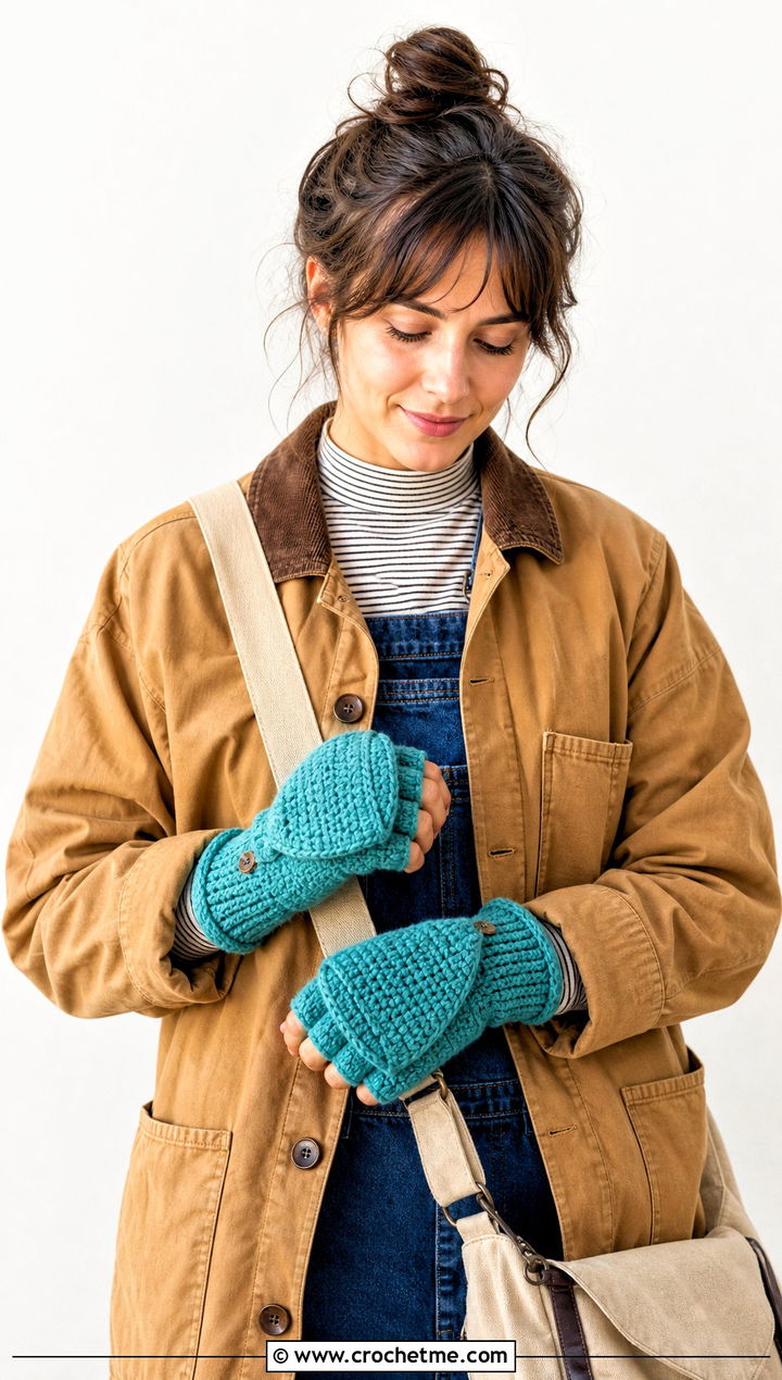 Finger Separated Crochet Glittens With Flap And Chore Coat - 30 crochet fingerless gloves with flap outfit ideas