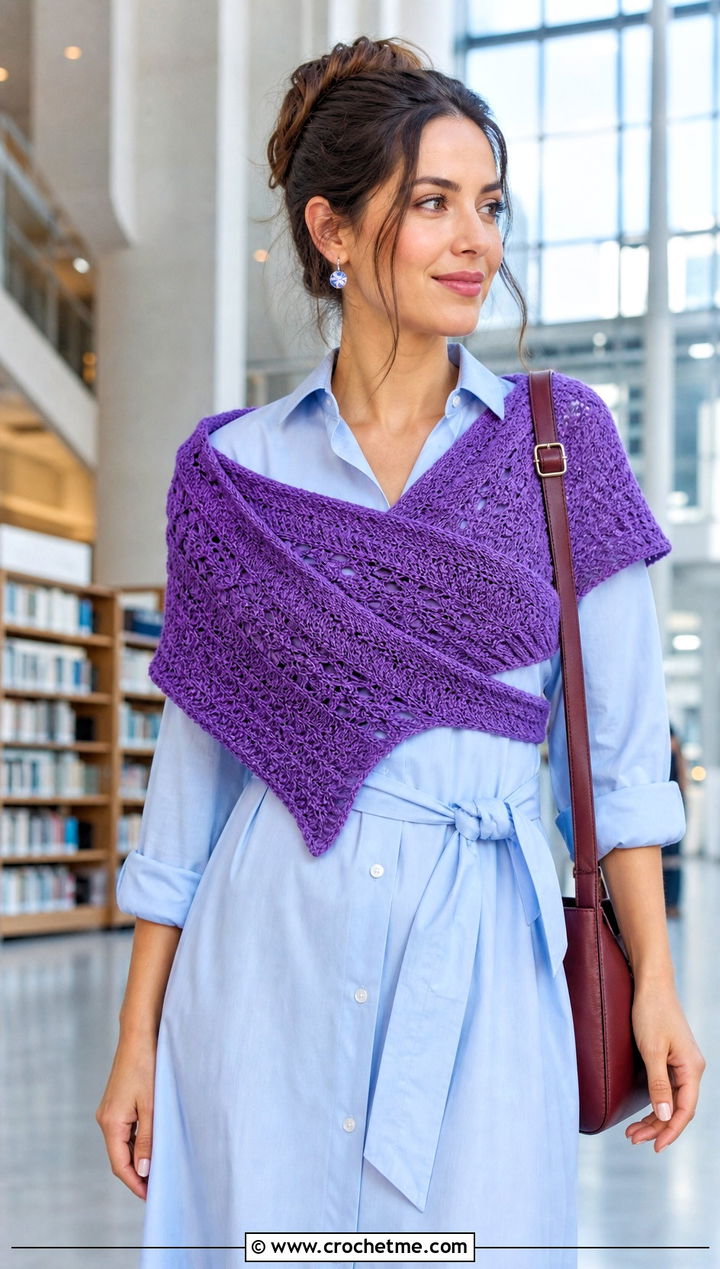 Fingering Weight Highlander Shawl With Shirt Dress - 20 Crochet Highlander Shawl outfit ideas