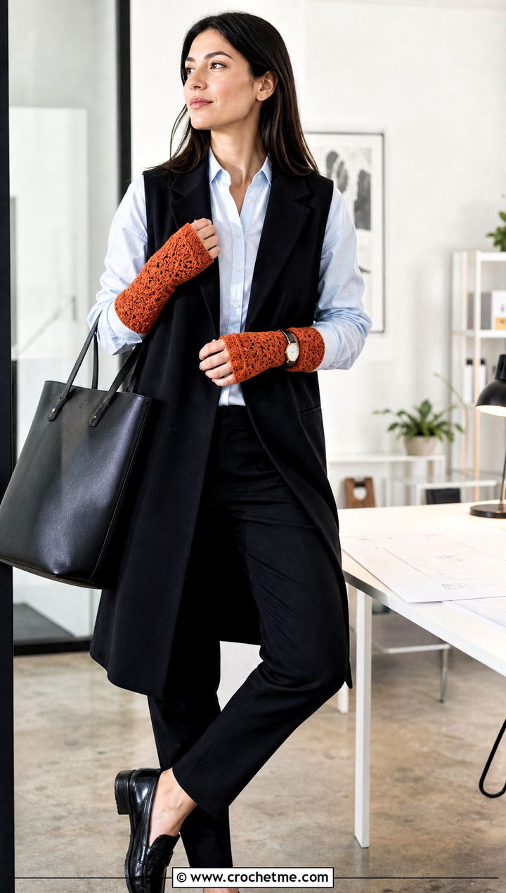 Fingerless Crochet Arm Warmers With Office Vest - 25 Crochet Arm Warmers Aesthetic outfit ideas