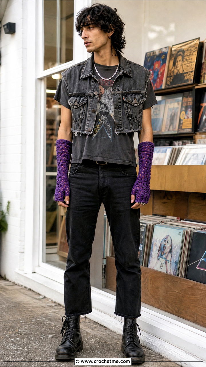 Fingerless Crochet Gauntlets With Band Tee - 35 crochet gloves for men outfit ideas