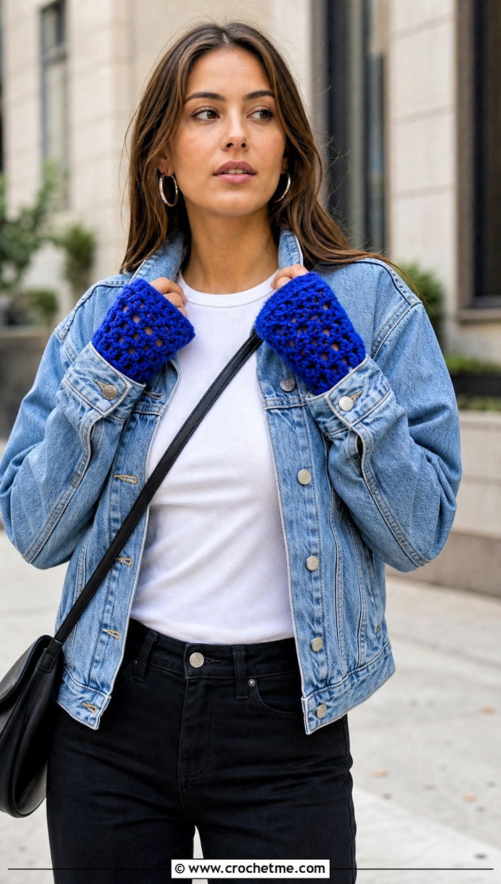 Fingerless Crochet Gloves With Denim Jacket - 25 crocheted gloves outfit ideas