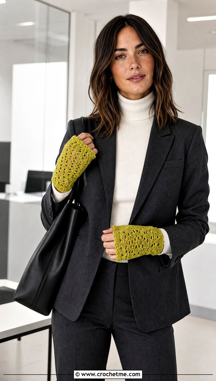 Fingerless Crochet Mittens With Blazer And Tailored Trousers - 25 Easy Crocheted Mittens outfit ideas