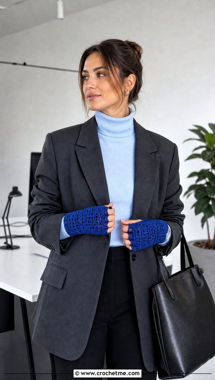 Fingerless Crochet Mittens With Blazer and Trousers - 25 Simple Crochet Mittens outfit ideas