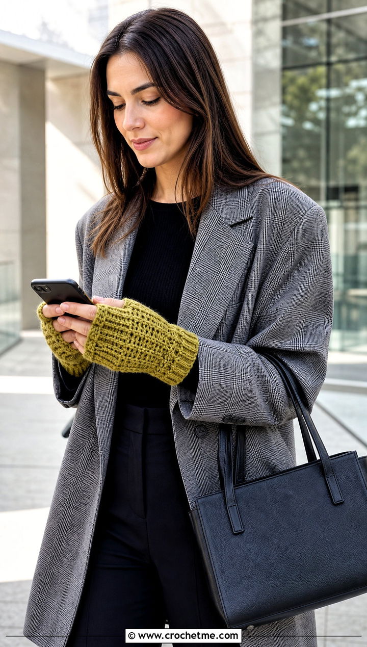 Fingerless Crochet Mittens With Blazer - 25 women crochet mittens outfit ideas
