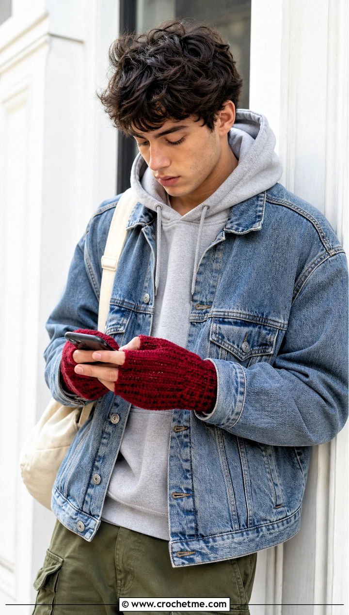 Fingerless Crochet Mittens With Denim Jacket - 25 crochet mittens for men outfit ideas