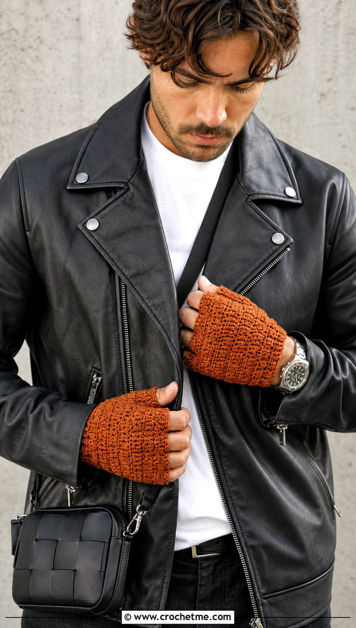 Fingerless Crochet Mittens With Leather Jacket - 25 Mens Crochet Mittens outfit ideas