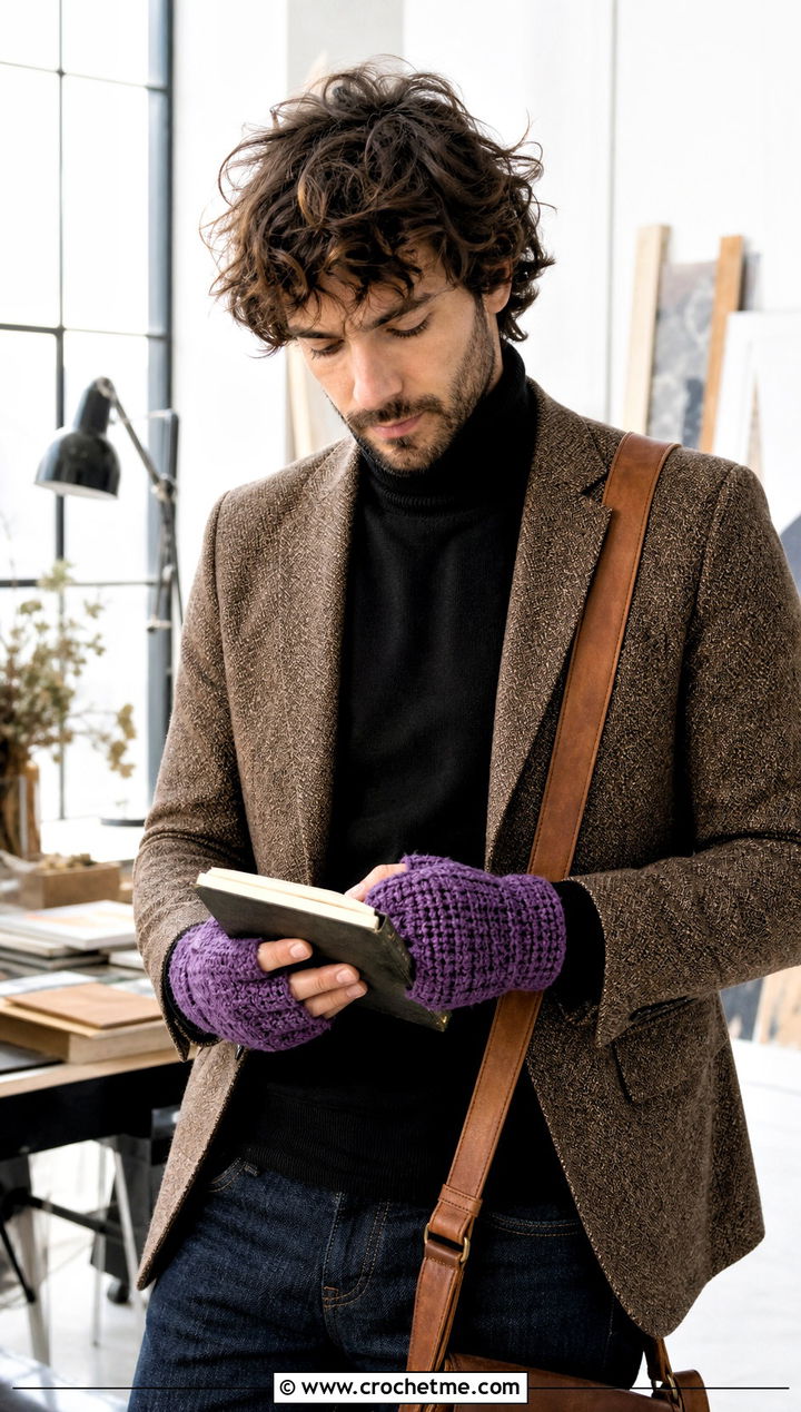 Fingerless Crochet Mitts With Blazer And Jeans - 25 Crochet Mens Mittens outfit ideas