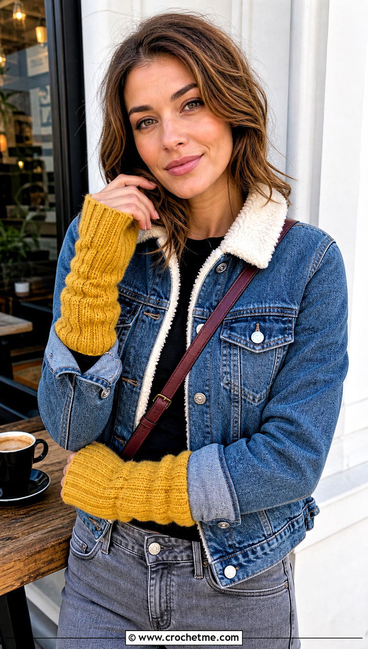 Fingerless Ribbed Mittens With Denim Jacket - 15 Crochet Ribbed Mittens outfit ideas