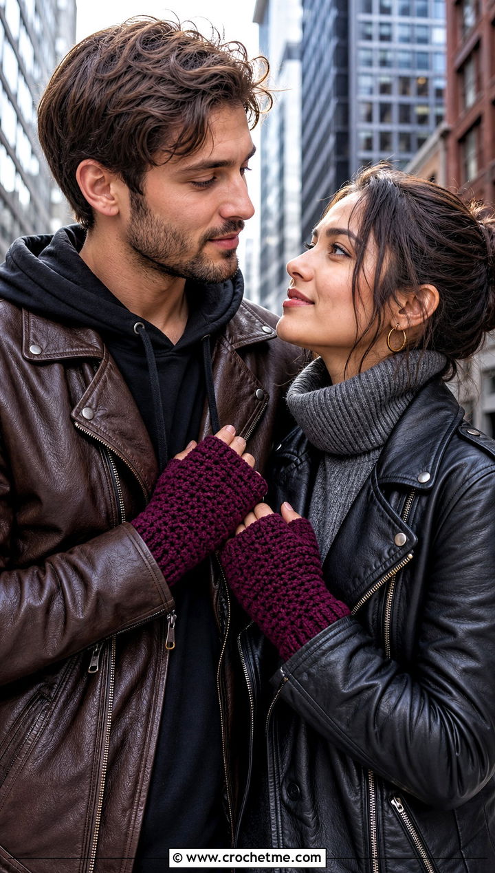 Fingerless Shared Mittens With Leather Jackets - 25 crochet couple mittens outfit ideas