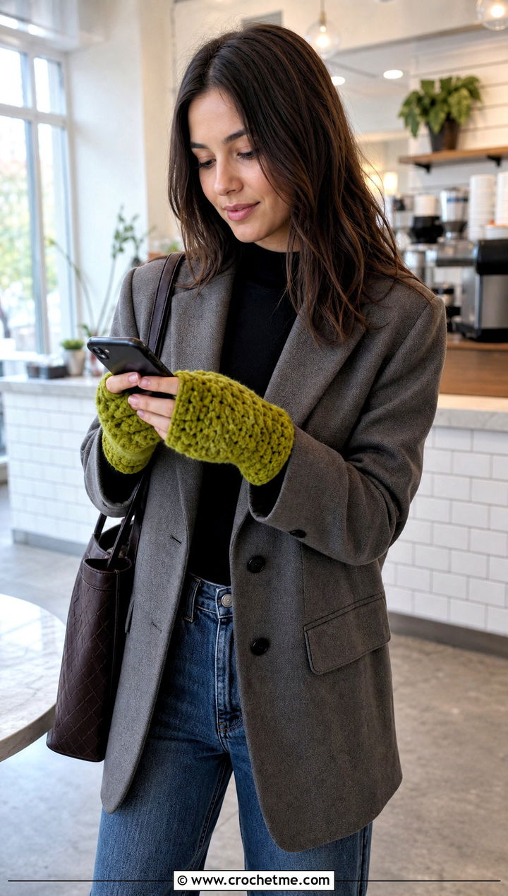Fingerless Velvet Crochet Mittens With Blazer And Jeans - 20 velvet crochet mittens outfit ideas
