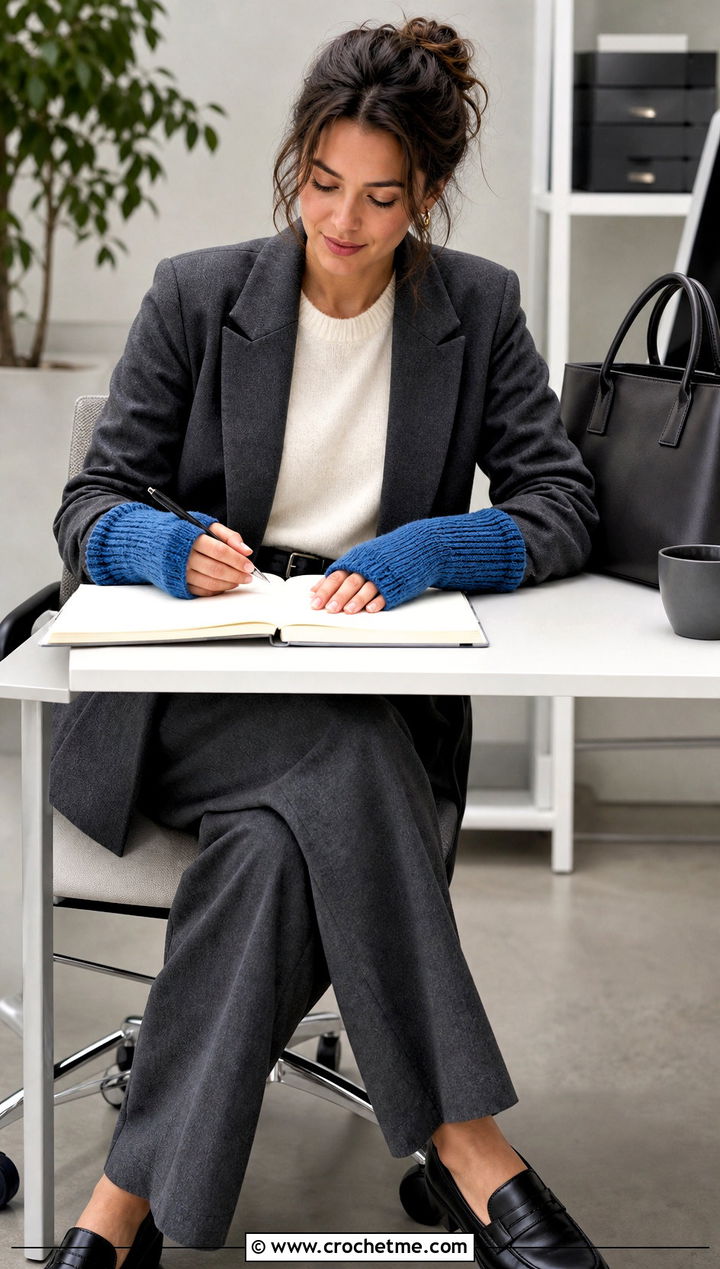 Fingerless Wrist Warmer Crochet Mittens With Office Suit - 25 quick crochet mittens outfit ideas