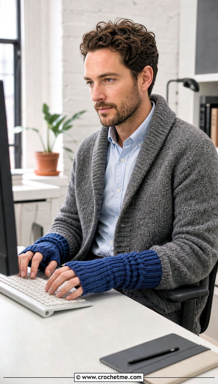 Fingerless Wrist Warmer Mittens With Office Cardigan - 25 crochet mittens for men outfit ideas