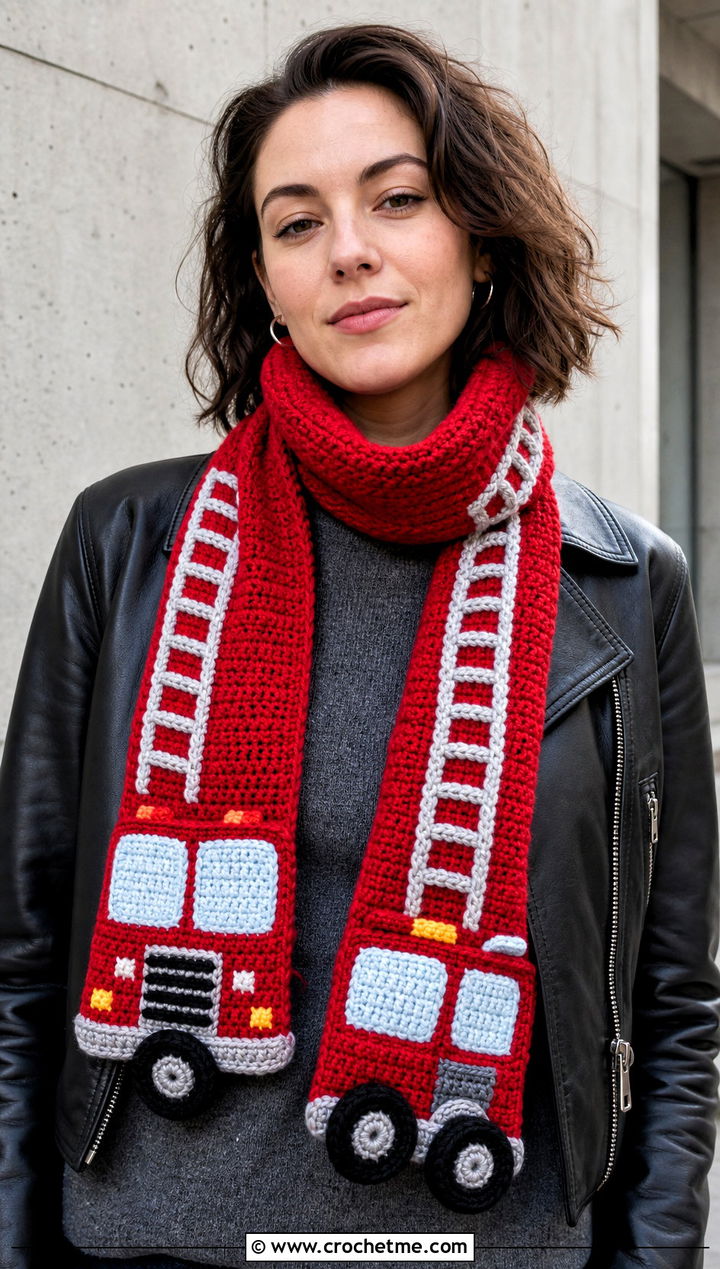 Fire Truck Crochet Scarf With Black Leather Jacket - 20 Crochet Truck Scarf outfit ideas