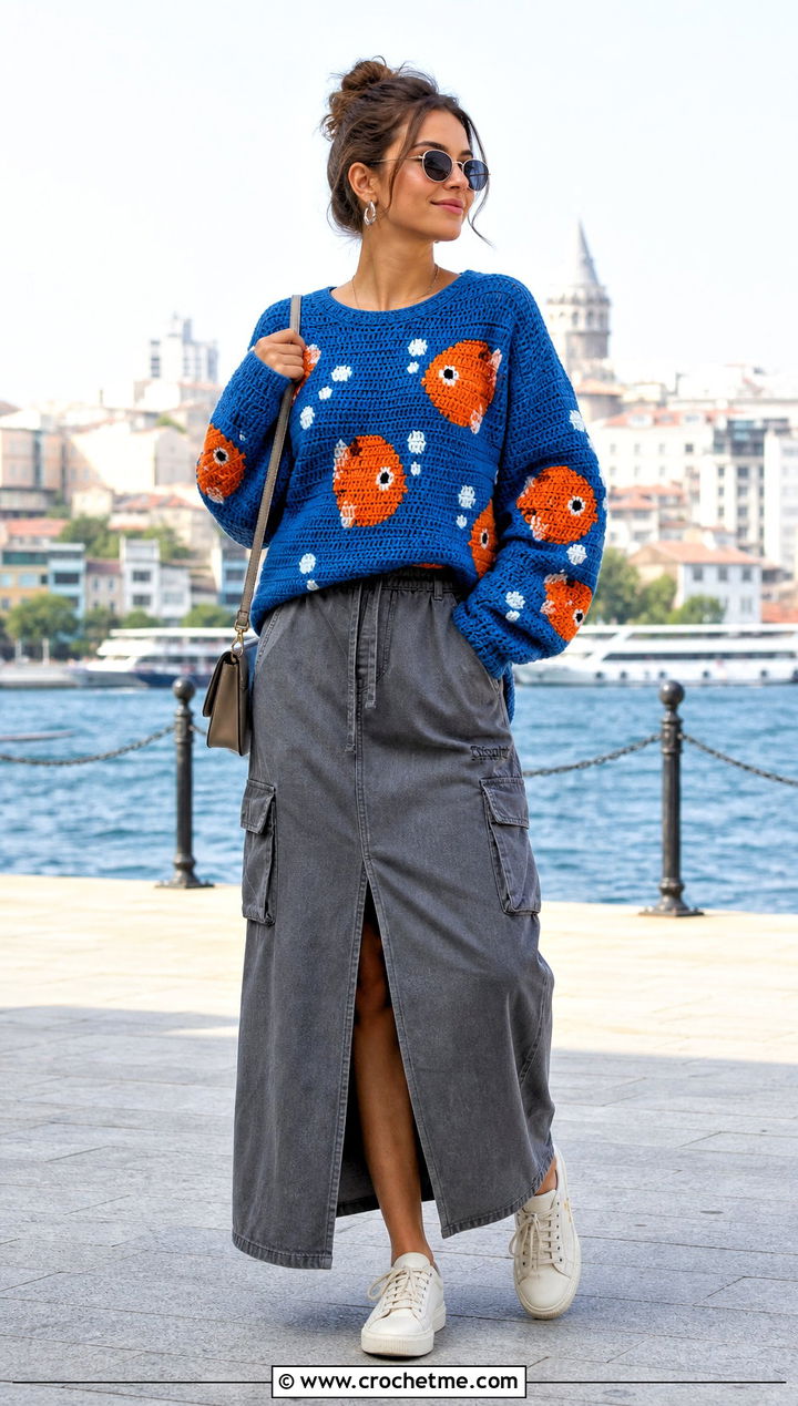 Fish Crochet Character Sweater With Cargo Maxi Skirt - 20 Crochet Character Sweater outfit ideas