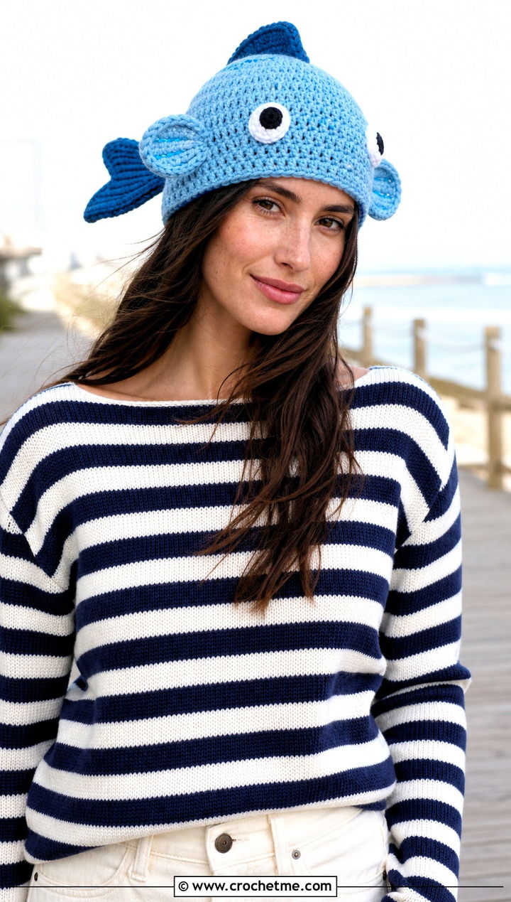 Fish Crochet Hat With A Striped Sweater - 30 funny crochet hat outfit ideas