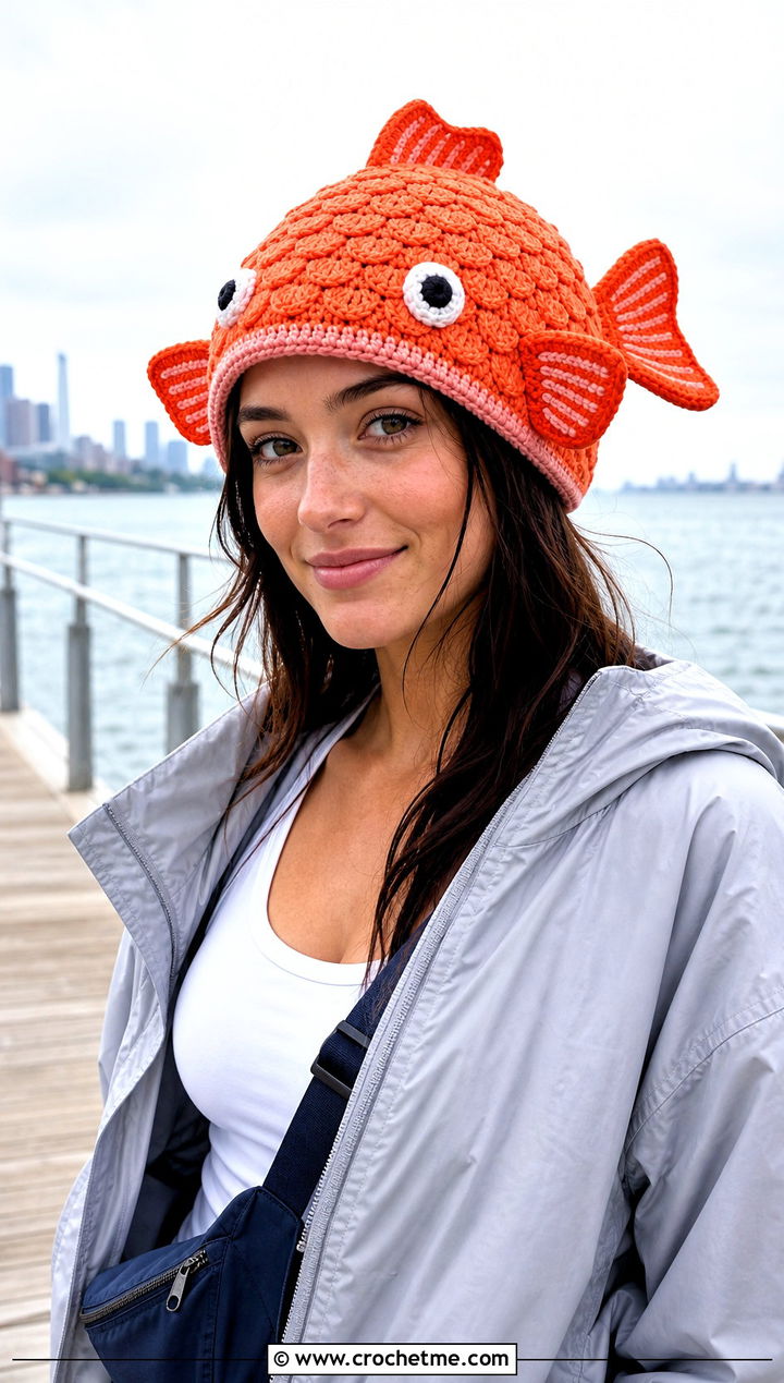 Fish Crochet Hat With Sporty Windbreaker - 25 Weird Crochet Hat outfit ideas