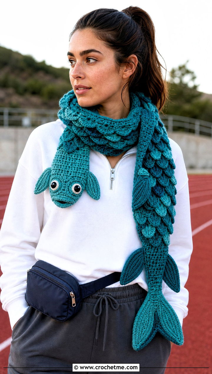 Fish Crochet Scarf With Sporty Outfit - 15 Funny Crochet Scarves outfit ideas