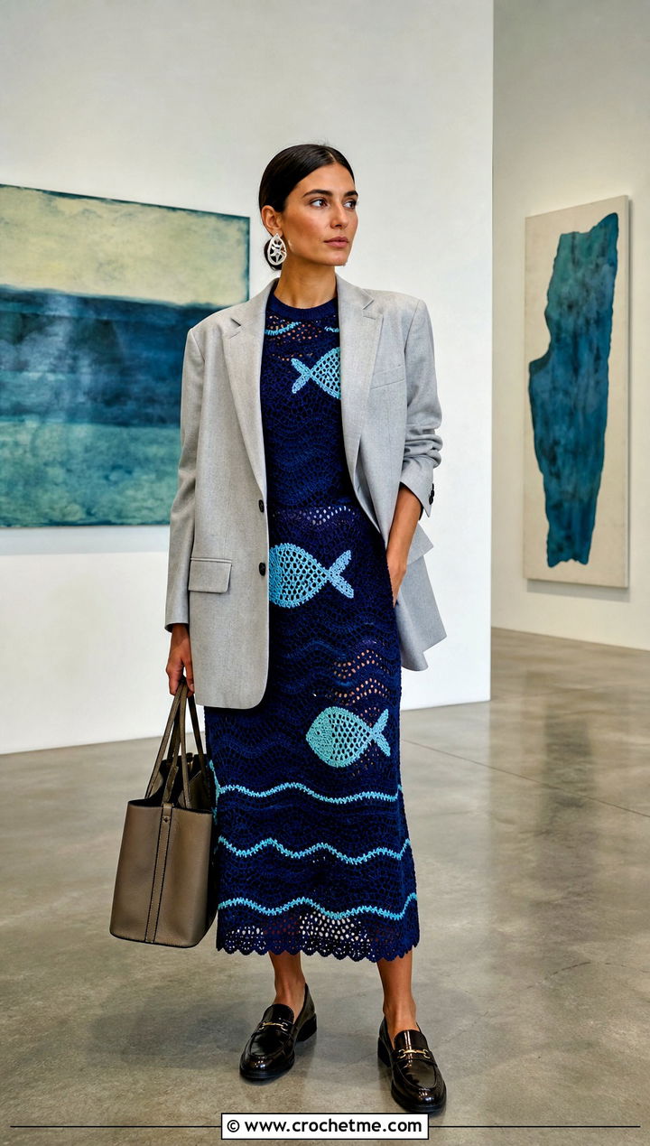 Fish Motif Crochet Dress With Oversized Blazer - 20 Funny Crochet Clothes and outfit ideas