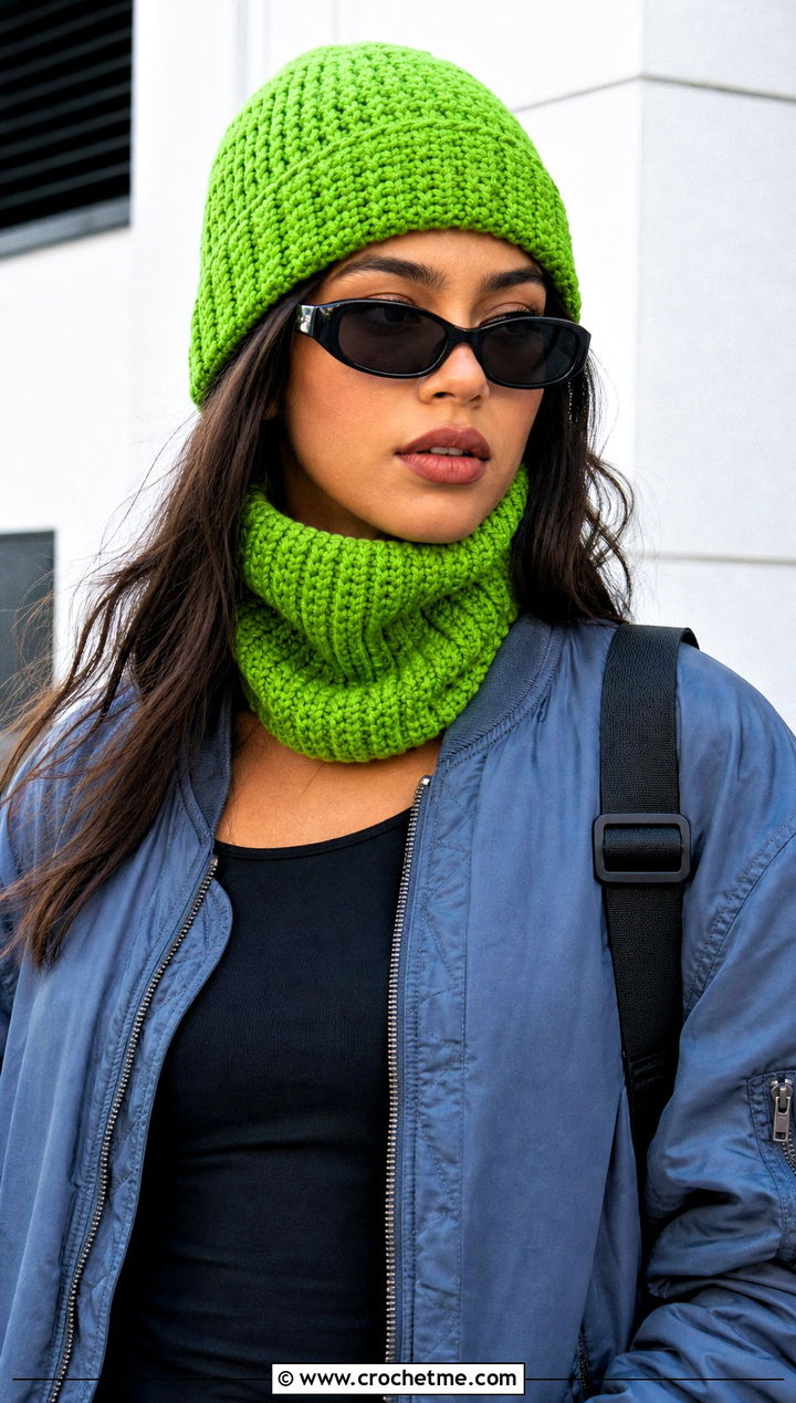Fisherman Beanie And Neck Warmer Set With Bomber Jacket - 25 Crochet Scarf And Hat Set outfit ideas