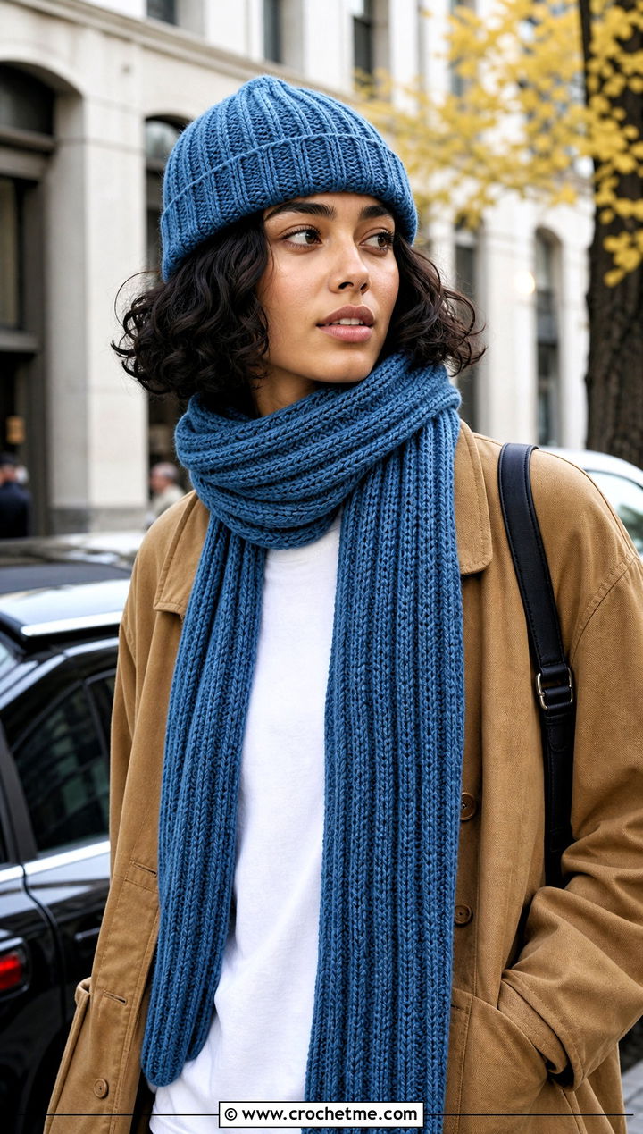 Fisherman Beanie And Ribbed Scarf With Utility Jacket - 30 crochet hat and scarf outfit ideas