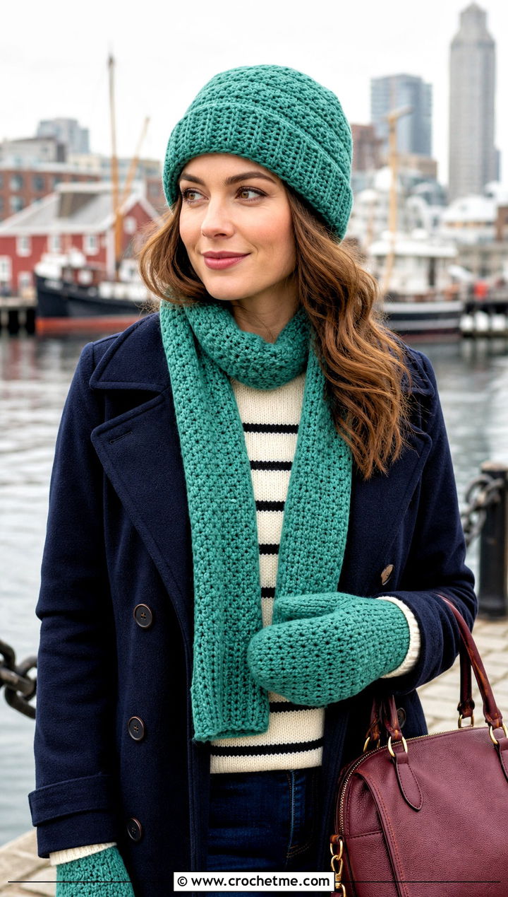 Fisherman Beanie Crochet Set With Pea Coat - 20 Crochet Hat Mittens Scarf Set outfit ideas