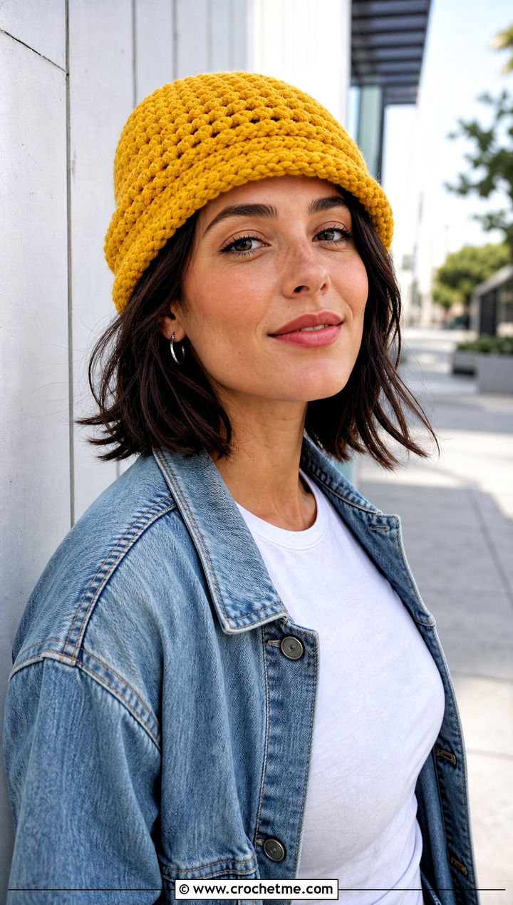 Fisherman Beanie With Denim Jacket - 25 one skein crochet hat outfit ideas