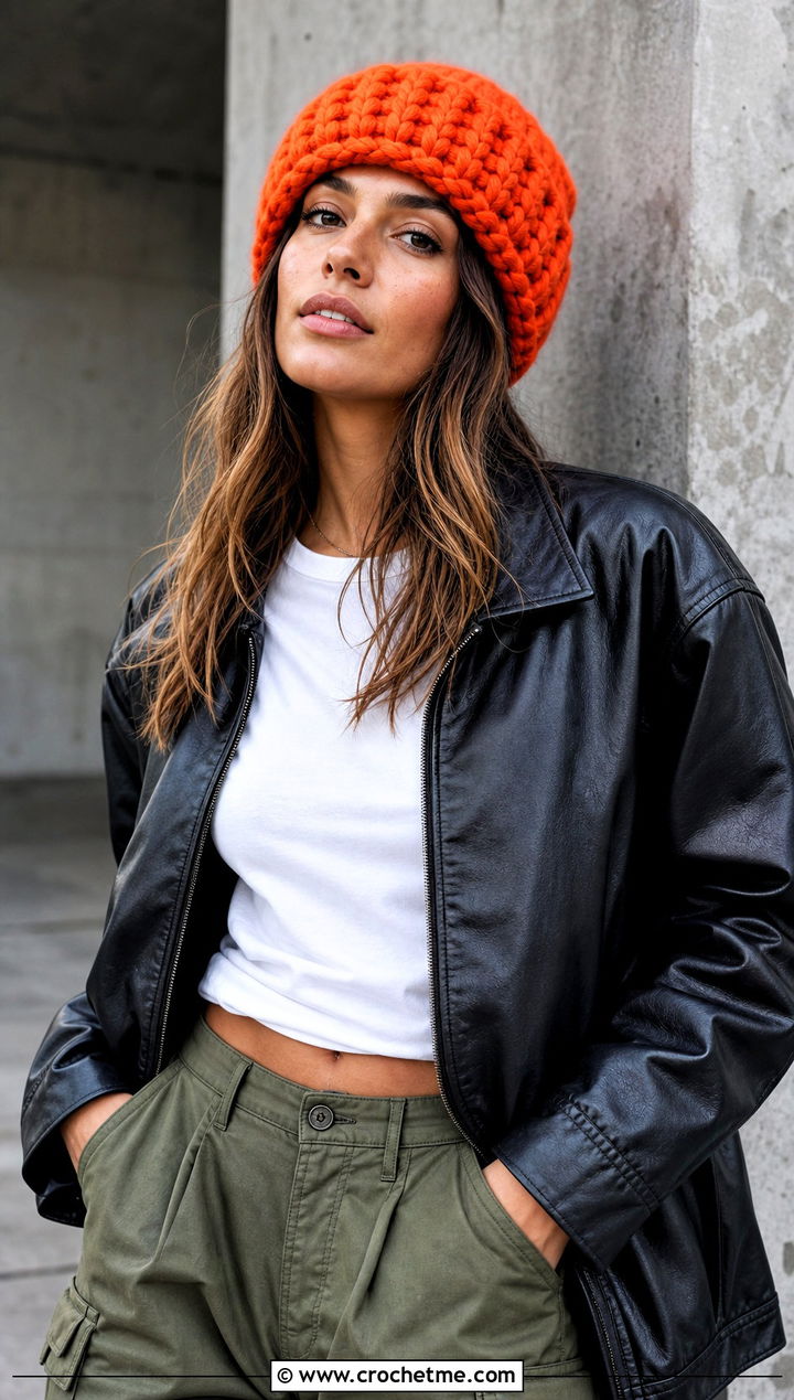 Fisherman Beanie With Leather Jacket And Cargo Pants - 15 Crochet Beanie With Super Bulky Yarn outfit ideas