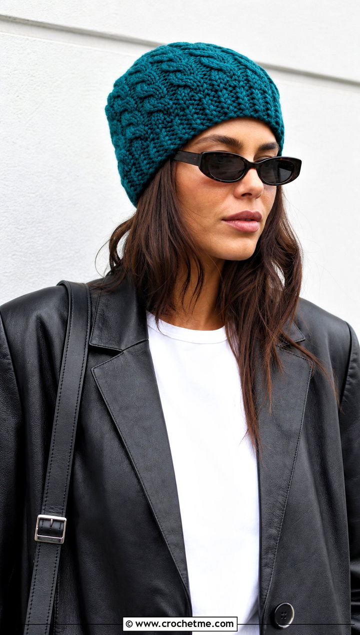 Fisherman Cable Crochet Beanie With Leather Blazer - 25 Cable Knit Crochet Hat outfit ideas