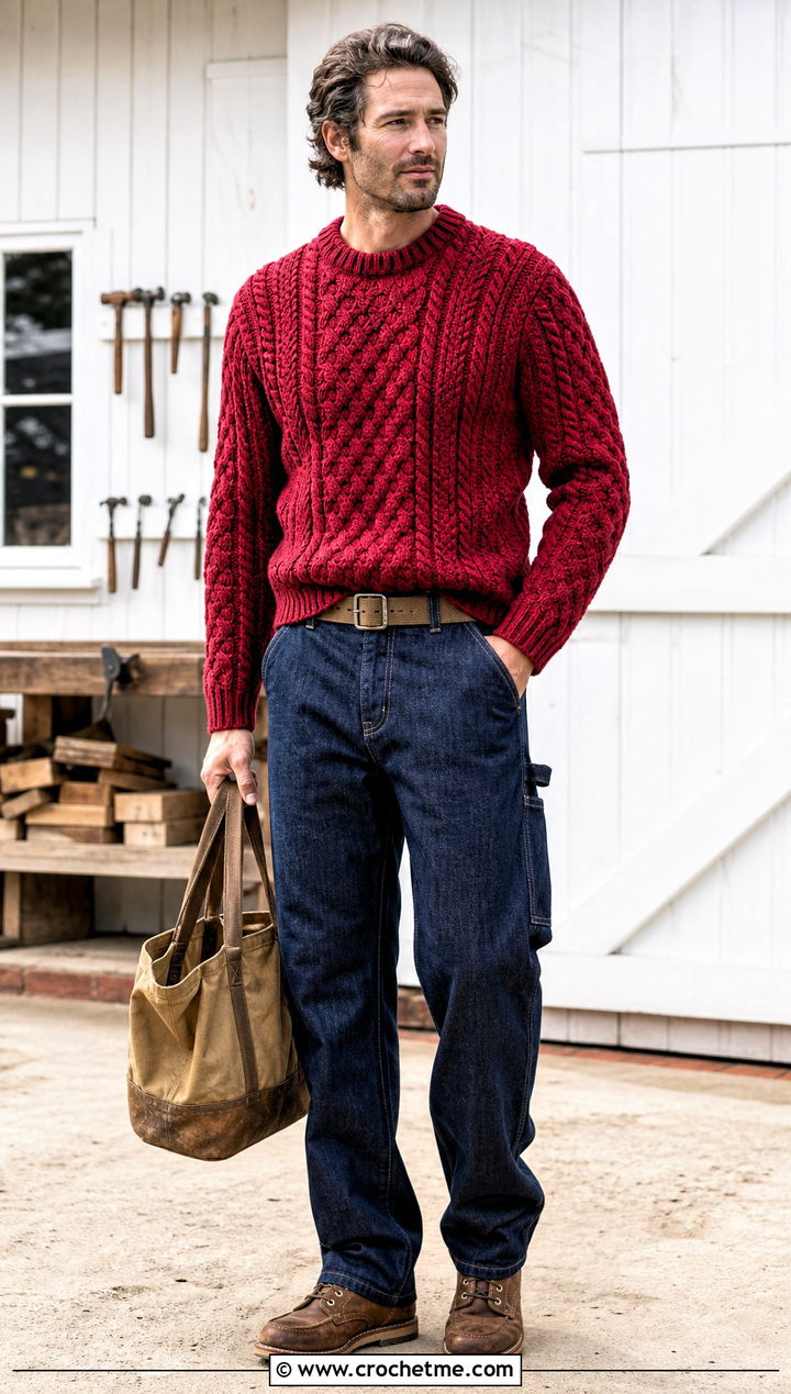 Fisherman Cable Crochet Jumper With Carpenter Jeans - 25 mens crochet jumper outfit ideas