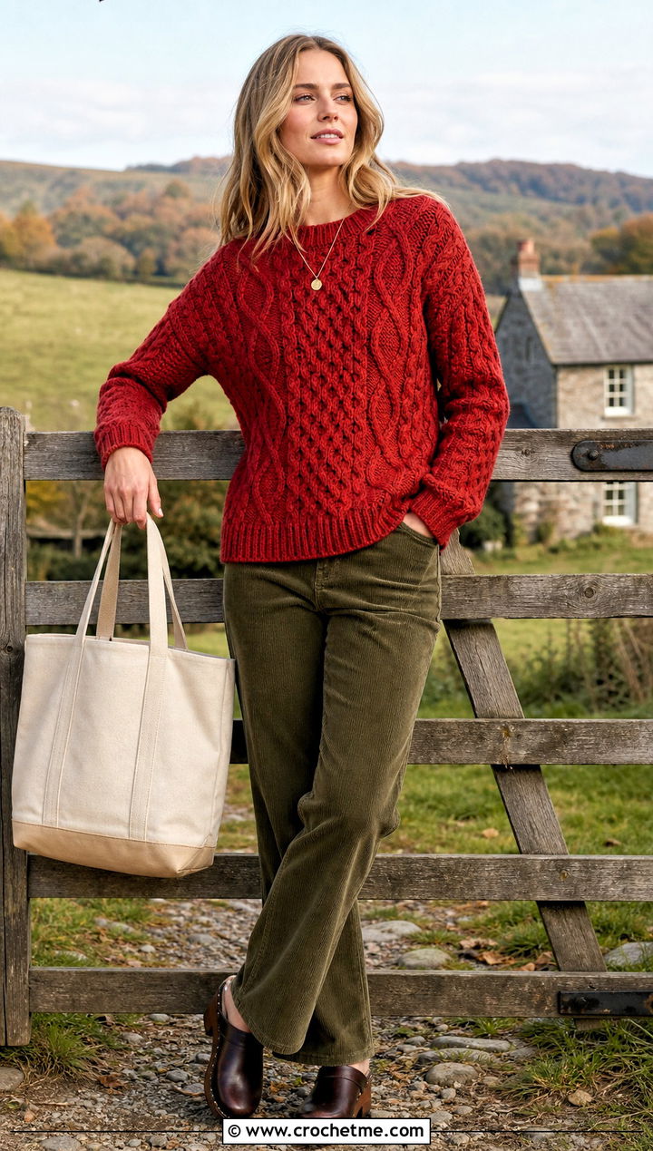 Fisherman Cable Crochet Sweater With Corduroy Pants - 30 crochet cable knit sweater outfit ideas