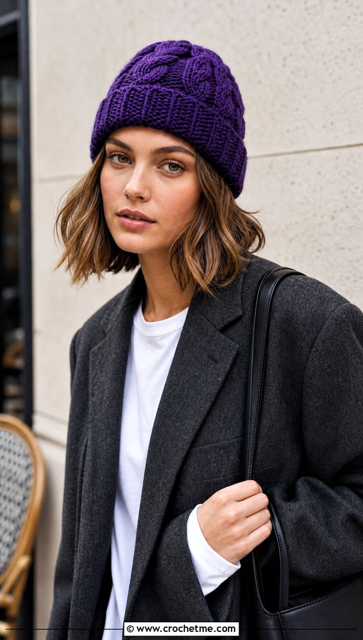 Fisherman Cable Stitch Beanie With Wool Blazer - 25 Crochet Cable Stitch Hat outfit ideas