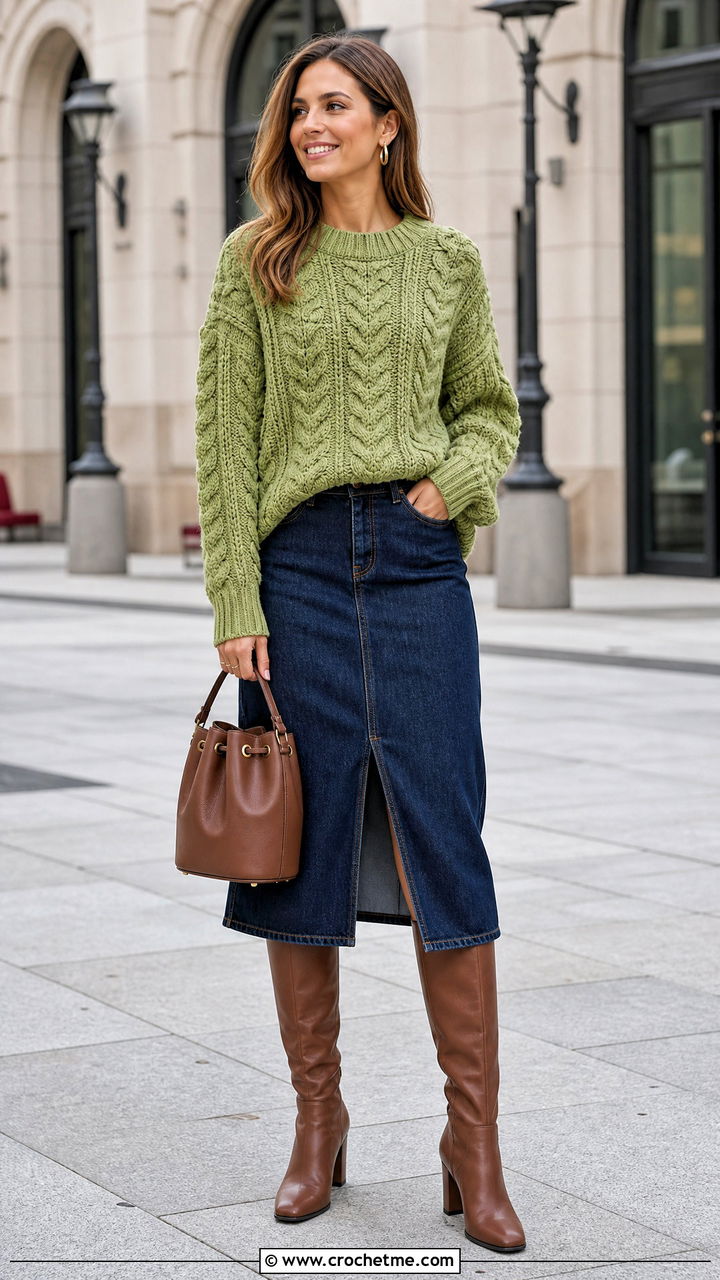 Fisherman Cable Sweater With Denim Midi Skirt - 35 crochet cable sweater outfit ideas